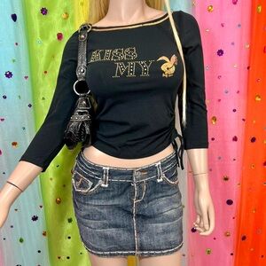Y2k Brand "Diva" Unique McBling Black & Gold Rhinestone “Kiss My Playboy” Crop